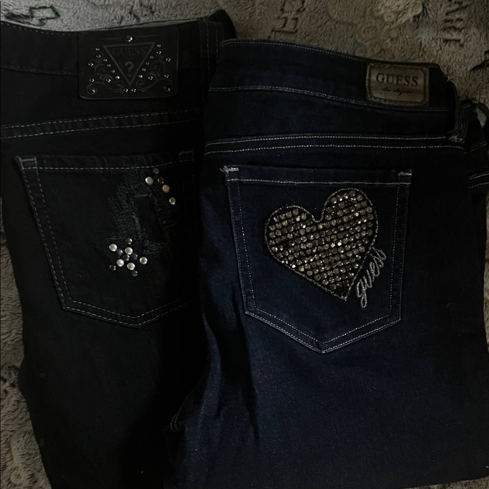 Guess Women's Skinny Jeans with Rhinestone Heart Pocket - Black & Dark Blue.